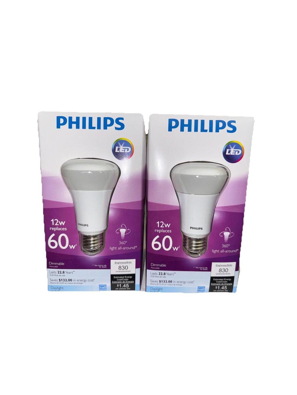 TWO (2) Philips LED 12W Replaces 60W Dimmable 830 Lumens Energy Saving